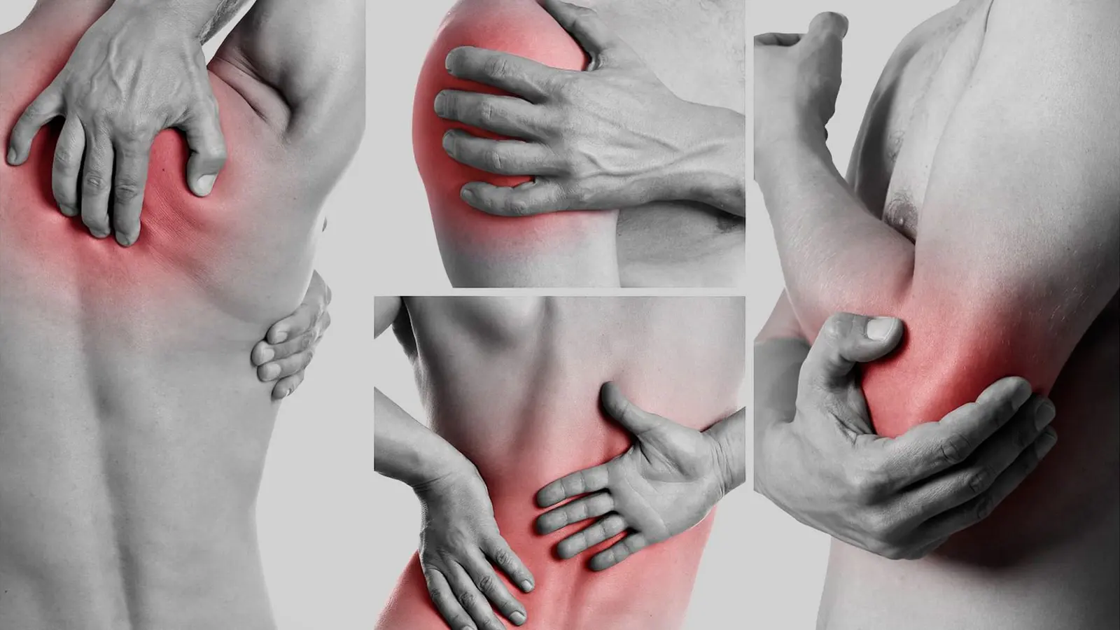 Collage de articulaciones con dolor: rodilla, codo, hombro y mano